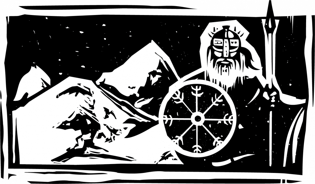 A linocut image of a Norse warrior in a frozen landscape.